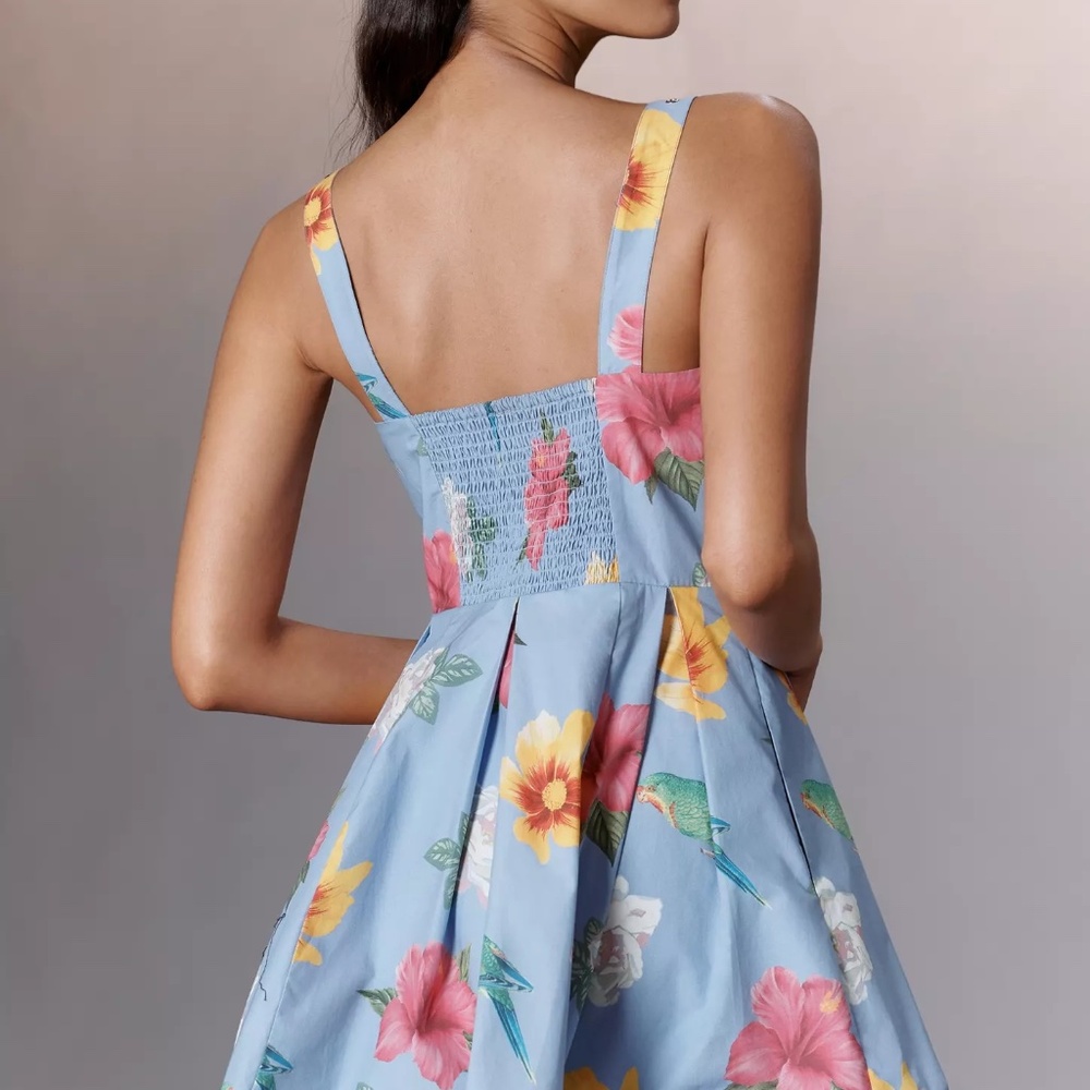 Anthropologie Scoop-Neck Printed Cotton Mini Dress Blue Floral By Maeve NWT - Picture 2 of 6